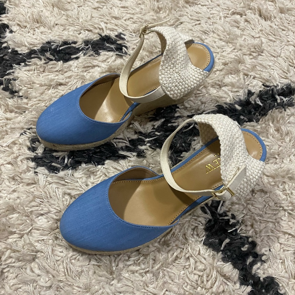 J.Crew Blue and Cream Knit Ankle Strap Espadrille Platform Wedge Heels